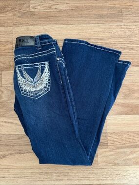 Sky Dark Blue Bootcut Jeans with Embellished Wing Pocket